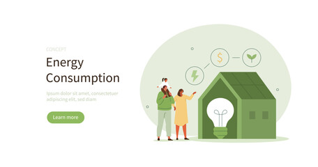 Sticker - Characters living in low energy house, reduce electricity consumption, saving climate. Energy efficiency in household concept. Vector illustration.