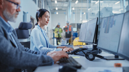 Leinwandbilder - Factory Office Facility: Industrial Engineers Drafting Blueprints of a Heavy Industry Machine Parts on a Computer CAD Software. Modern Technological Research and Development Center.