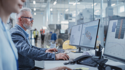 Poster - Portrait of a Middle Aged Industrial Engineer Developing Models of a Heavy Industry Machine Parts on Computer 3D Software in a Factory. Modern Technological Research and Development Center.