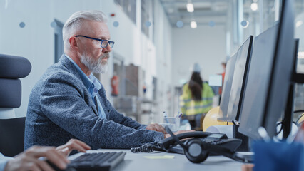 Poster - Factory Office Room: Industrial Engineer Working on Development Model of a Heavy Industry Machine Part on a Computer 3D Software. Modern Technological Industry 4.0 Research and Development Center.