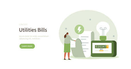 Wall Mural - Character calculating utility bill and worrying about costs increase. Energy efficiency and utilities consumption at home concept. Vector illustration.
