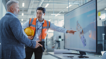 Leinwandbilder - Factory Office Meeting: Senior Manager Talking with Engineer in a Conference Room with TV Set. Heavy Industry Employees Discussing Modern Hydraulics Mechanism for Industry Equipment.