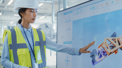 Leinwandbilder - Factory Office Meeting: Female Chief Engineer Explaining New Workflow for Heavy Industry Hydraulic Parts Production to Company Director in a Conference Room with TV. Showing 3D Layout on Screen.