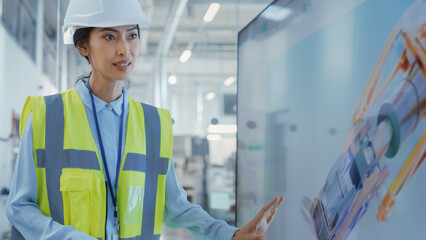 Leinwandbilder - Factory Office Meeting: Female Chief Engineer Showing Video Presentation of a Heavy Industry Hydraulic Parts Production to General Manager in a Conference Room with TV. Showing 3D Draft on Screen.