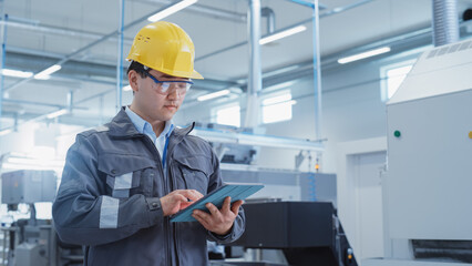 Leinwandbilder - Portrait of a Young Asian Man, Working as an Engineer at a Factory Facility, Wearing Work Jacket and a Yellow Hard Hat. Heavy Industry Specialist Working on Tablet Computer.