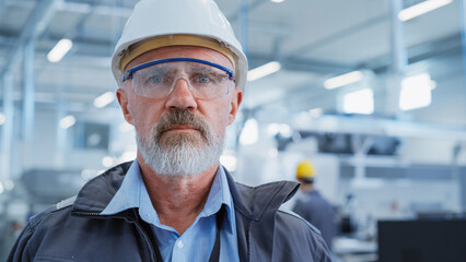 Poster - Close Up Portrait of a Senior, Successful Male Engineer in White Hard Hat and Safety Glasses, Standing at Electronics Manufacturing Factory. Heavy Industry Professional Posing for Camera.