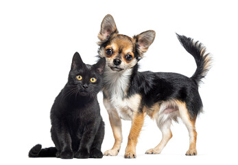 Sticker - Cat and dog together looking at the camera, isolated on white