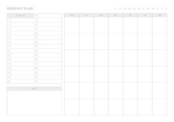 A simple, minimalistic style monthly planner. Note, scheduler, diary, calendar planner document template illustration.