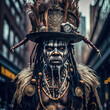 © Jason - Voodoo witch doctor dressed in traditional clothing with big elaborate hat and necklaces, standing in New York city. Generative AI