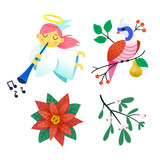 Fototapeta Pokój dzieciecy - Collection of images to create invitation posters and greeting cards for Christmas and winter holidays. Isolated vector decorations. Red flower, angel singing, bird on tree.