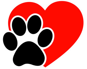 Wall Mural - Red heart with pet footprint clipart. Dog print. Animal love logo. Emblem for a pet store or animal shelter. The concept of caring for animals.