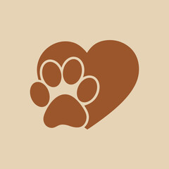 Wall Mural - Pet logo with heart. Isolated illustration of dog paw print. Heart on a beige background.