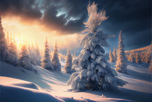 White Winter Spruces In The Snow On A Frosty Day. Perfect Wintry Wallpapers Magical Nature.