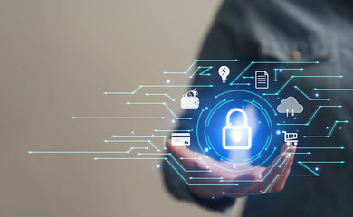 Poster - The concept of data protection, the key icon in the hands of businesswomen, protects personal data from hackers