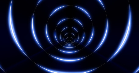 Poster - Tunnel of round blue glowing bright neon rings. Abstract background
