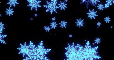 Abstract background of blue neon cold winter Christmas New Year festive glowing snowflakes. Screensaver beautiful