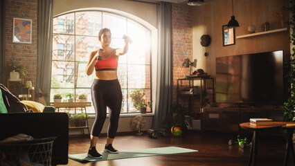 Beautiful Athletic Plus Size Body Positive Sports Woman, Does Exercises with Dumbbells, Shadow Boxing, Fighting Imaginary Enemies, Real Injustices, Prejudices. Energetic Cinematic Bright Style Shot