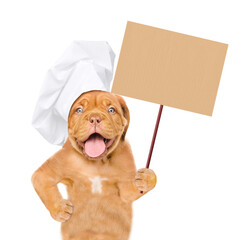 Poster - Happy puppy wearing chef's hat shows empty placard. isolated on white background