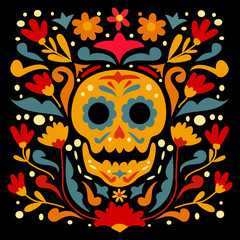 Aufkleber - Mexican style abstract patterns with colorful floral illustrations. Traditional background design with golden skull