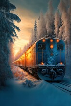 Train Speeding In The Snow