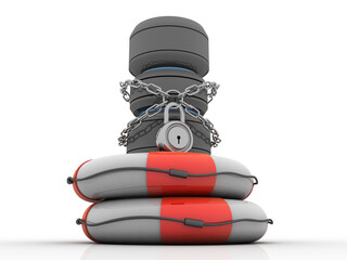 Poster - 3d rendering Database storage data base protected lock in lifebelt
