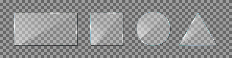 Poster - Shiny glass. Plexiglass with glossy effect and glare. Acrylic texture with frame for mirror, window and screen. Set of clear plastic plates. Plexi mockups isolated on transparent background. Vector