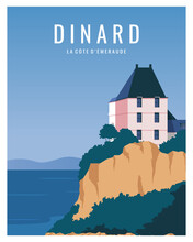 Travel Poster Of Ocean Coast With Historical Villas In Dinard, Brittany, France. Vector Illustration Landscape With Flat Style For Poster, Postcard, Card, Print