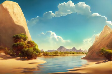 Wall Mural - Desert, Oasis and Mountain, River with Fantastic, Realistic Style. Video Game's Digital CG Artwork, Concept Illustration, Realistic Cartoon Style Scene Design