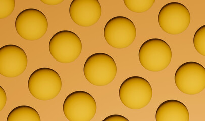 Fototapete - Top view of yellow 3d render pattern balls on isolated orange background.