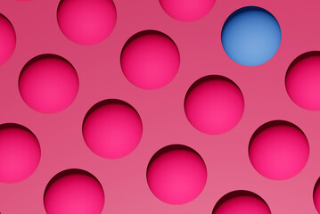 Fototapete - Top view of pink 3d render pattern balls with one blue sphere on isolated pink background.Gender equality concept in pink and blue.