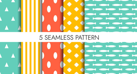 Seamless Geometric Patterns Set. Trendy vector seamless colorful pattern of geometric shapes. Kids backgrounds in red, green and yellow.