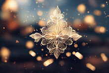 Wonderful Macro Sunlit Transparent Snowflake, Sunset Bokeh Background, AI Generated Image