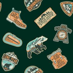 Sticker - Vintage northern outdoor discovery adventure camping badge patchwork vector seamless pattern 