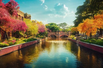 wide-angle, beautiful canal winds through gorgeous complex of art deco brownstone temples, with with lush colourful gardens