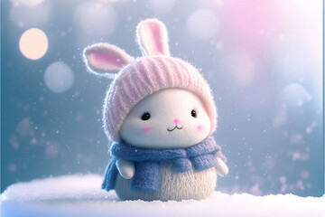 cute white rabbit wearing scarf on snowy night with bokeh light of Christmas light as background Generative Ai	