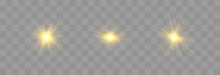 Set of glow light effect, Bright sun. Vector transparent sunlight, special flash light effect. Star or spotlight beams. Bright flash. Light PNG. Decor element isolated on transparent background.