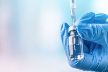 Doctor's hand holding glass vial and syringe with injection over blue background. Vaccination or beauty therapy concept.