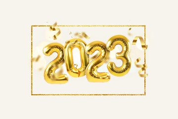 Happy new year 2023 metallic gold foil balloons with confetti and bokeh lights on a white background. Golden helium balloons number 2023 New Year.
