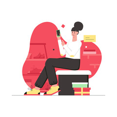 Customer shopping at store modern flat concept. Happy woman chooses shoes at shop, buying online and paying for goods using mobile app. Illustration with people scene for web banner design