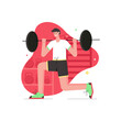 Athlete doing sports activities modern flat concept. Man doing exercises with barbell, power workout. Beginner weightlifter training in gym. Illustration with people scene for web banner design