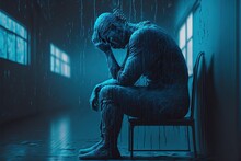 Feeling Blue, Depressed, Stressed Or Anxious Person In Blue