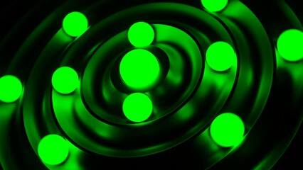 Poster - Green and orange background with a maze of balls. Design. Bright balls rolling in different directions that rotate made in 3D format.