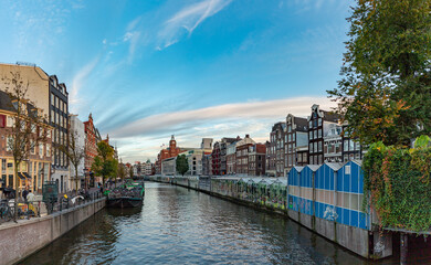 Wall Mural - Amsterdam Singel Canal and Bloemenmarkt at Sunset