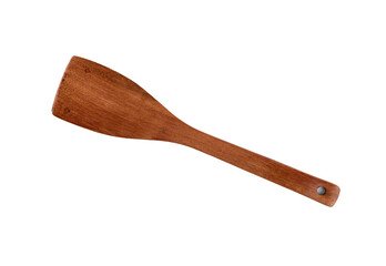 Wooden spatula with a long handle isolated on a white background.