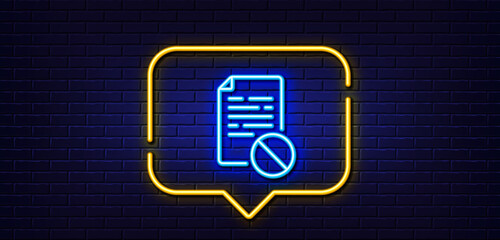 Poster - Neon light speech bubble. Not allowed document line icon. No file sign. Office note symbol. Neon light background. Wrong file glow line. Brick wall banner. Vector