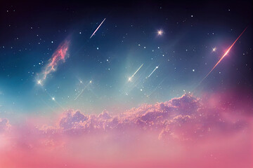 Space sky with stars and pink clouds, futuristic abstract background.