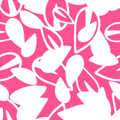 Wall Mural - Vector Illustration of white doodle leaves isolated on a pink background, Seamless pattern