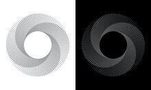 Set Of Circles With Lines. Lines In One Color With Different Opacity. Black Spiral On White Background And White Spiral On Black Background. Dynamic Design Element With 4 Parts.