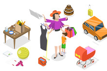 3D Isometric Flat  Conceptual Illustration Of Busy Mom
