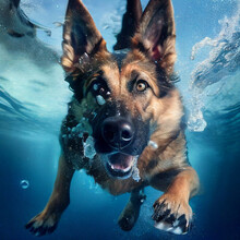 German Sheperd Dog Is Diving Underwater, Swimming In Blue Pool Waters, A Funny Pet Jumped Into Sea, Looking Into Camera, Front View Of Rescuer Dog